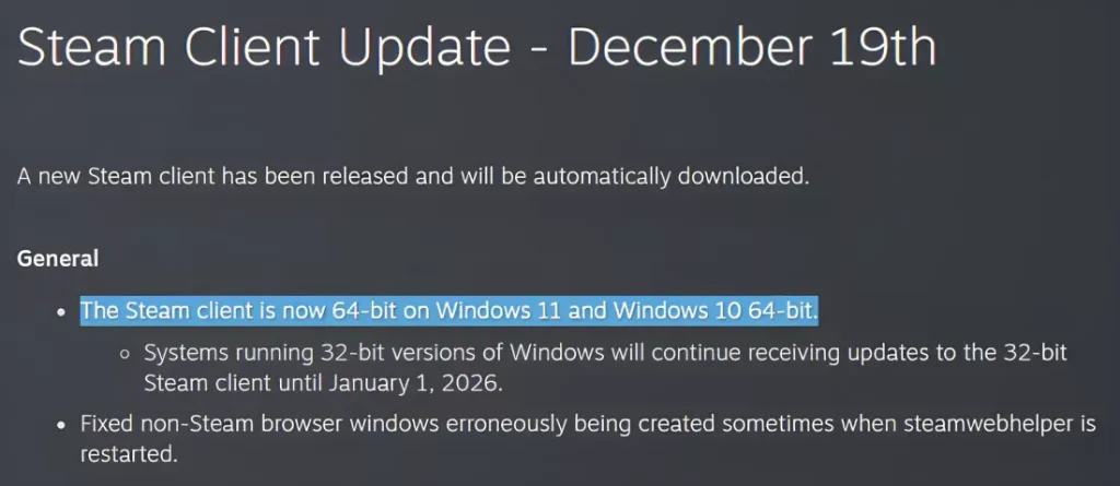 Steam Hentikan Dukungan untuk Windows 32-bit Mulai 1 Januari 2026